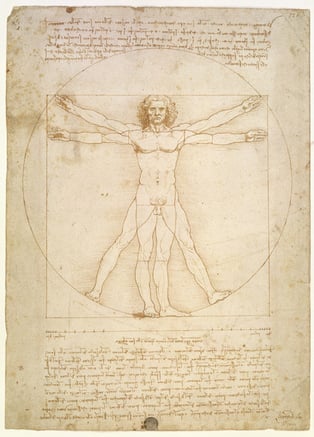 BAL4146 The Proportions of the human figure (after Vitruvius), c.1492 (pen & ink on paper) by Vinci, Leonardo da (1452-1519); 34.3x24.5 cm; Galleria dell' Accademia, Venice, Italy; (add.info.: commonly known as the Vitruvian Man;); Italian, out of copyright