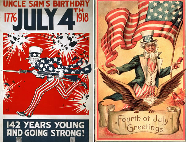 Left: Uncle Sam's Birthday, 1918 (colour litho), American School / Private Collection Right: 'Fourth of July Greetings' Postcard (colour litho), American School / Private Collection