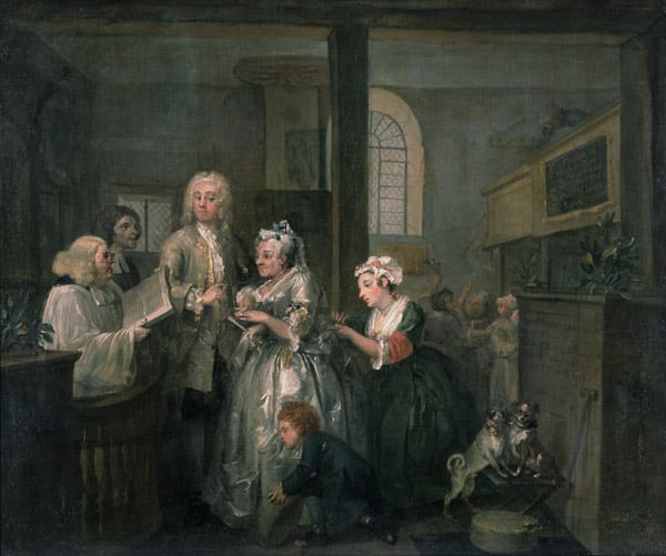 A Rake's Progress V: The Rake marrying an Old Woman, 1733 (oil on canvas) by William Hogarth, Courtesy of the Trustees of Sir John Soane's Museum, London