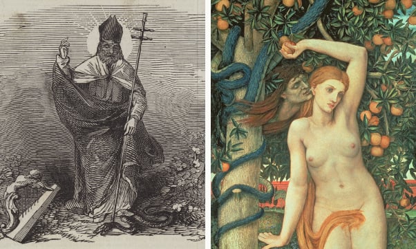 Left: St Patrick's Day (engraving), English School, (19th century) / Private Collection / © Look and Learn / Illustrated Papers Collection Right: Eve Tempted, c.1877 (tempera on panel), John Roddam Spencer Stanhope (1829-1908) / Manchester Art Gallery, UK 