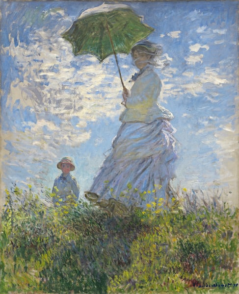 741899 Woman with a Parasol - Madame Monet and Her Son, 1875 (oil on canvas) by Monet, Claude (1840-1926); 100 x 81 cm; National Gallery of Art, Washington DC, USA; (add.info.: Image of Camille Doncieux (1847-79), Monet's wife. ); French, out of copyright.