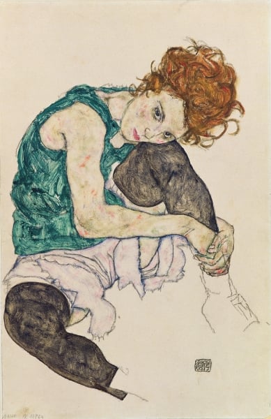BAL7756 Seated Woman with Bent Knee, 1917 (gouache, w/c and black crayon on paper) by Schiele, Egon (1890-1918); Narodni Galerie, Prague, Czech Republic; Austrian, out of copyright
