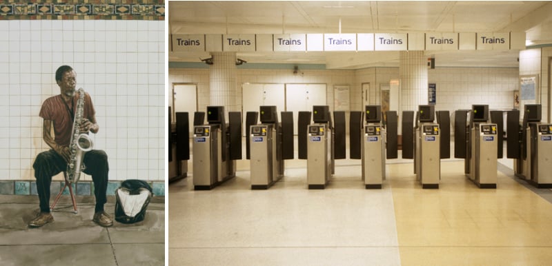 Left: Subway Saxophone, 2008 (w/c on paper), Max Ferguson / Private Collection Right: Great Britain, England, London, ticket barriers at underground station; Dorling Kindersley / UIG