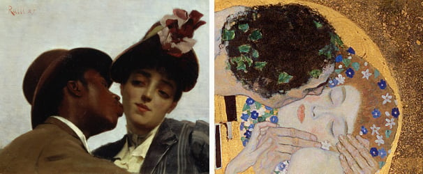 Left: The Kiss, 1887 by Theodore Jacques Ralli / Private Collection / Berko Fine Paintings, Knokke-Zoute, Belgium Right: The Kiss, 1907-08 by Gustav Klimt / Osterreichische Galerie Belvedere, Vienna, Austria 
