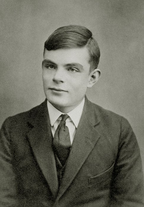 Portrait of Alan Mathison Turing, (1912 - 54) (b/w photo); Private Collection; (add.info.: One of Britain's most influential mathematicians and computer scientists. Born in London, Turing studied at King's College, Cambridge. Throughout the Second World War Turing worked for the Government Code and Cypher School at Bletchley Park. Known to colleagues as 'Prof', Turing was central to the breaking of the German naval cipher, the Enigma. After the war he joined the National Physical Laboratory where he led the work to develop a large-scale electronic digital computer. In March 1952 Turing was brought to trial for having a sexual relationship with a man. His position as a government consultant was ended. On 8 June 1954 Turing was found dead, the inquest ruled suicide by cyanide. ); Prismatic Pictures ; .