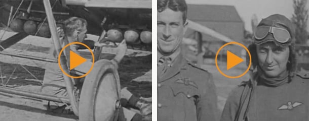 Left: AFC pilots load Martinsyde plane with Hale bombs in preparation for mission in Palestine, c.1918 Right: Two AFC pilots laugh at the camera,  1918