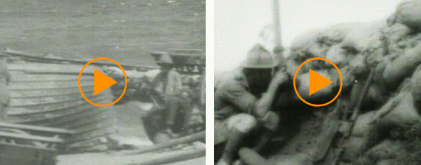 Left: Gallipoli Campaign: Troops on Anzac beach, 1915 Right: Gallipoli Campaign: Australian snipers with periscope rifles, 1915