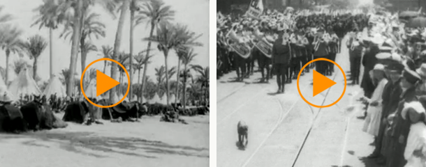 Left: Anzac Mounted Division rest under palm trees at El Arish, Egypt, during the Sinai and Palestine Campaign c.1916 Right: Returned WWI Anzac troops (and puppy) parade on foot through Melbourne, 1918