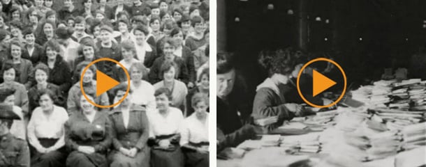 Left: Australian Base Post Office in London - group shot of (mostly female) staff, c.1917 Right: Australian Base Post Office in London: Female postal workers sort through letters alphabetically, c.1917