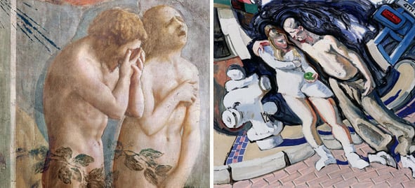 Left: Adam and Eve banished from Paradise, c.1427 (fresco) Tommaso Masaccio (1401-28) / Brancacci Chapel, Florence, Italy Right: Adam and Eve, South of Market, 1994 (mixed media on linen), Alek Rapoport (Contemporary Artist) 