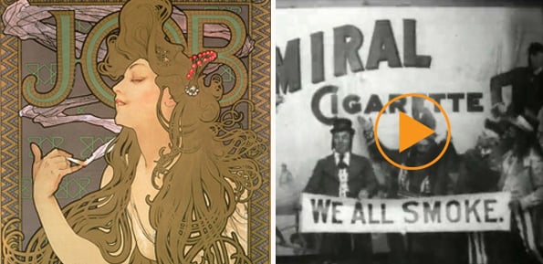 Left: Poster advertising 'Job' cigarette papers, 1896, Mucha Right: Admiral cigarette, early Edison film, 1897 / Bridgeman Footage