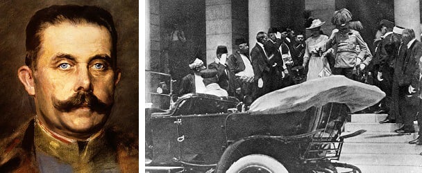 Left: Archduke Franz Ferdinand of Austria (colour litho), Unknown Artist / Private Collection / Peter Newark Historical Pictures Right: Photograph of the Archduke and Duchess leaving the Town Hall, a few minutes before their deaths on 28th June 1914, 1914, Austrian Photographer (20th century) / Private Collection