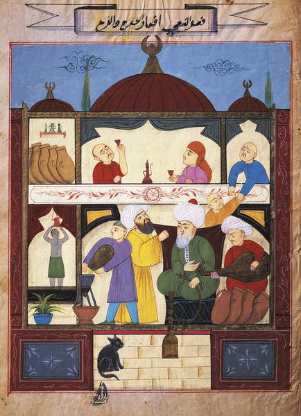  Avicenna teaching his students the rules for hygiene, bath, wine and music, illustration from the 'Canon of Medicine', by Avicenna (ink & colour on paper), Turkish School, (17th century) / De Agostini Picture Library / Bridgeman Images