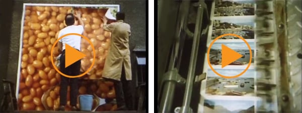 Left: One of Our Own Kind part nine - print media in 1970: ads, billboards, banknotes, stamps, maps, etc. / Buff Film & Video Library Right: One of Our Own Kind part five - printing press operators, close up shots of colour printing of postcards / Buff Film & Video Library