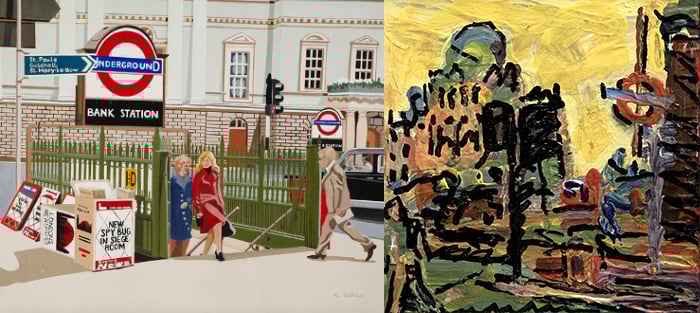 Left: Bank Station Underground (acrylic on canvas) by Marjorie Collins, Imperial College Healthcare Charity Art Collection, London Right: Camden Palace, 2000, Frank Auerbach / Pallant House Gallery, Chichester, UK / Wilson Gift through The Art Fund 
