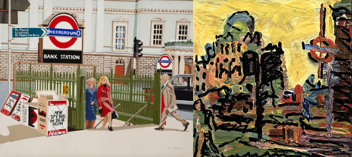 Left: Bank Station Underground (acrylic on canvas) by Marjorie Collins, Imperial College Healthcare Charity Art Collection, London Right: Camden Palace, 2000, Frank Auerbach / Pallant House Gallery, Chichester, UK / Wilson Gift through The Art Fund 