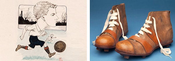 Left: Bert Middlemiss, Tottenham Hotspur, drawing for a set of cigarette cards, 1907 (pen & ink on card), Rip, (fl.1907-09) / National Football Museum, Manchester, UK Right: Pair of Cup Final special boots with wickerwork pattern stamped on the toes, c.1910 (leather), English School, (20th century) / National Football Museum, Manchester, UK