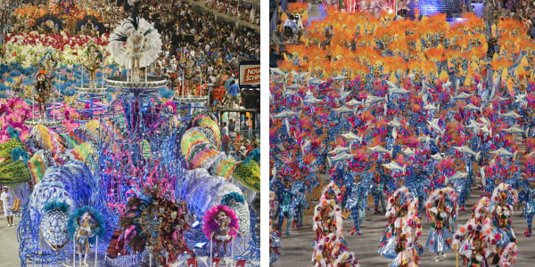 Left: Brazil, Rio de Janeiro, procession headed by colourful festival float / Dorling Kindersley/UIG Right: Brazil, Rio de Janeiro, samba dancers in dazzling display of extravagant costumes at carnival / Dorling Kindersley/UIG