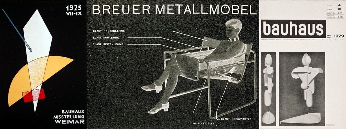 Poster for a Bauhaus exhibition in Weimar, Germany, 1923 (colour litho), Laszlo Moholy-Nagy (1895-1946) / Nationalgalerie, Berlin, Germany; Advertisement for the 'Breuer Metallmobel' Bauhaus style chair designed by Herbert Bayer (1900-85); Number 4, Volume 3 of the 'Bauhaus' magazine, 1929 (lithograph), German School, (20th century) / Private Collection / Photo © Christie's Images
