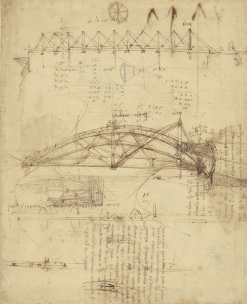 Three kinds of movable bridge: the first resting on poles, the second arch bridge (with figure of horseman at the highest point) and the third is resting on boats or barrels, from Atlantic Codex (Codex Atlanticus) by Leonardo da Vinci, folio 855 recto / Biblioteca Ambrosiana, Milan, Italy / Bridgeman Images