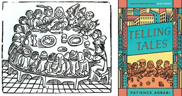 LEFT: The Canterbury Pilgrims sitting down for a shared meal, illustration from Geoffrey Chaucer's 'Canterbury Tales', printed by Wynkyn de Worde, c.1485 (engraving). RIGHT: © Canongate. Designer: Peter Adlington.