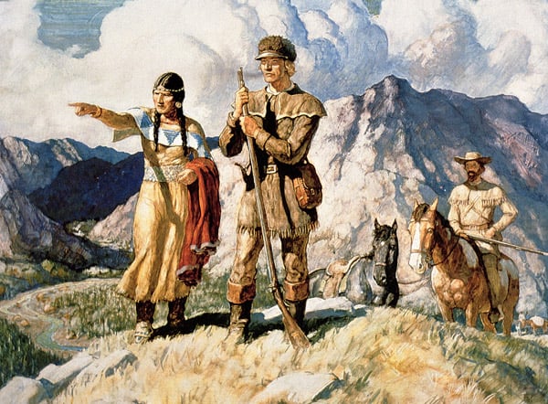 PNP246194 Sacagawea with Lewis and Clark during their expedition of 1804-06 (colour litho) by Wyeth, Newell Convers (1882-1945); Private Collection; (add.info.: 1st overland expedition to the Pacific coast and back; Captain Meriwether Lewis (1774-1809) and Second Lieutenant William Clark (1770-1838); Sacagawea, also Sakakawea, Sacajawea, and Sacajewea (c.1787-1812) was their Shoshone guide;); Peter Newark American Pictures; American, in copyright PLEASE NOTE: This image is protected by the artist's copyright which needs to be cleared by you. If you require assistance in clearing permission we will be pleased to help you.