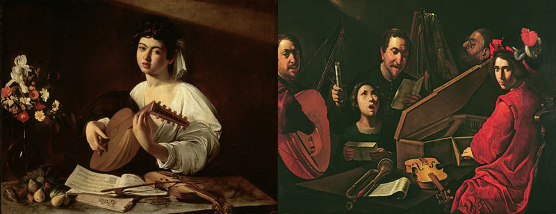  The Lute Player, c.1595 (oil on canvas), Caravaggio, Michelangelo da Merisi (1571-1610) / State Hermitage Museum, St. Petersburg, Russia; Concert with Musicians and Singers, c.1625 (oil on canvas), Pietro Paolini (1603-1681) / Louvre, Paris, France