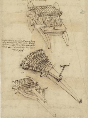Cart and weapons from Atlantic Codex (Codex Atlanticus) by Leonardo da Vinci / Veneranda Biblioteca Ambrosiana / Bridgeman Images
