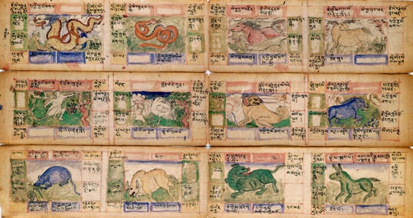 Chinese Zodiac figures, late 18th century Tibetan manuscript/ Universal History Archive 