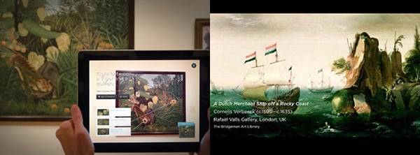 ArtLens app in use / Photo courtesy of Local Projects; ArtLens screenshot of an interpretive video using a Bridgeman image to give context © Cleveland Museum of Art