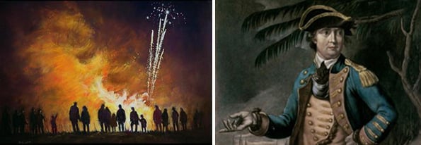 Left: Bonfire Night, Barry Watkin, (Contemporary Artist) Right: Colonel Benedict Arnold, Brown University Library, Providence, Rhode Island, USA 