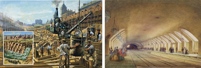 Left: Construction of the First Underground Railway, Harry Green (b.1920) / Private Collection / © Look and Learn Right: Baker Street Station, 1863 (w/c & bodycolour with pen & ink on paper), Samuel John Hodson / Yale Center for British Art, Paul Mellon Collection, USA 