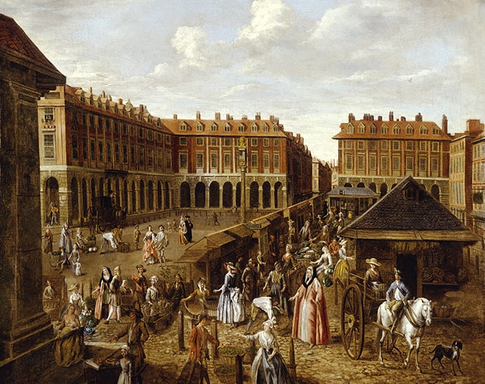 Covent Garden Piazza and Market, 1726-30 (oil on canvas) by Joseph van Aken (c.1700-49) © Museum of London