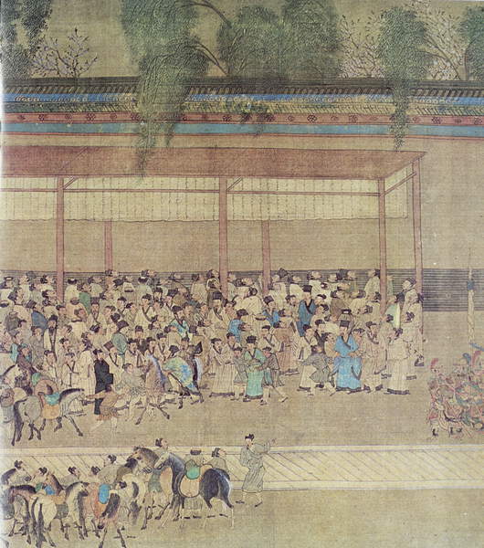 Ancient Chinese Waiting for Examination Results, facsimile of original Chinese scroll (coloured engraving)