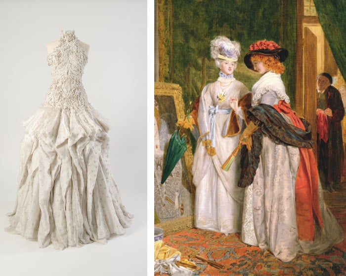 Left: Ivory silk organza evening dress with appliqué bodice and panelled skirt embroidered with miniature eagle motifs, by Sarah Burton for Alexander McQueen, Autumn/Winter / Fashion Museum Bath Right: Critics on Costume, Fashions Change (oil on canvas) by John Callcott Horsley, Private Collection © Lawrence Steigrad Fine Arts, New York