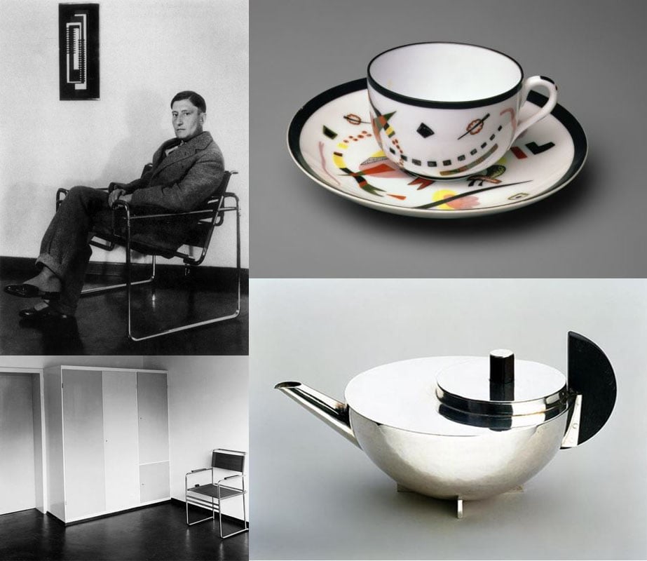 Josef Albers, 1928 (b/w photo), Umbo (1902-80); Cup and Saucer, 1923 (china), Wassily Kandinsky (1866-1944) / Private Collection; Interieur Bauhaus / © SZ Photo / Scherl; Tea Infuser and strainer, made by the Bauhaus Metal Workshop, Weimar, 1924 (silver with ebony), Marianne Brandt (1893-1983) / Private Collection / Photo © The Fine Art Society, London, UK