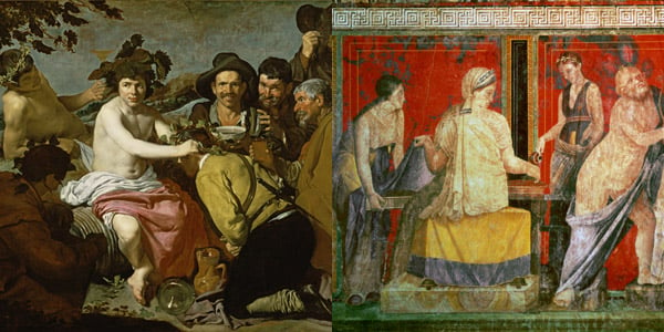 Left: Triumph of Bacchus, 1628 (oil on canvas) by Diego Velazquez; Prado, Madrid. Right: Ministrant Carrying a Tray of Food with Silenus Playing a Lyre and a Young Satyr Playing a Syrinx, North Wall, Oecus 5, 60-50 BC (fresco), Villa dei Misteri, Pompeii