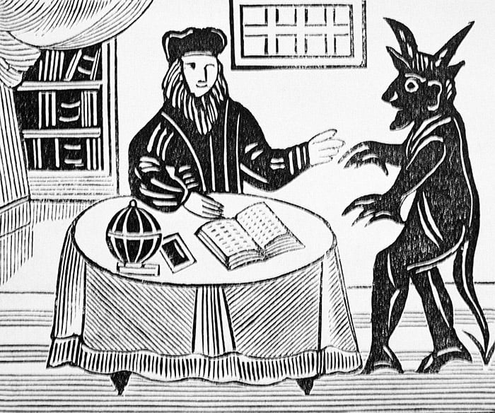Dr. Faustus in Counsel with the Devil, from Gent's translation of 'Dr. Faustus' by Christopher Marlowe (1564-93) 1648 from a collection of chapbooks on esoterica (woodcut), English School, (17th century) / Private Collection / The Stapleton Collection 