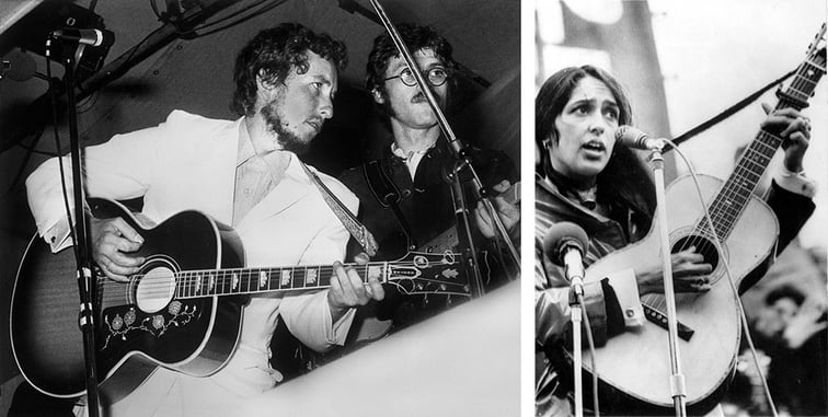 Left-right: Isle of Wight Festival: Bob Dylan, September 1st, 1969.); Protest Folk Singer Joan Baez performing in 1965 / Bridgeman Images