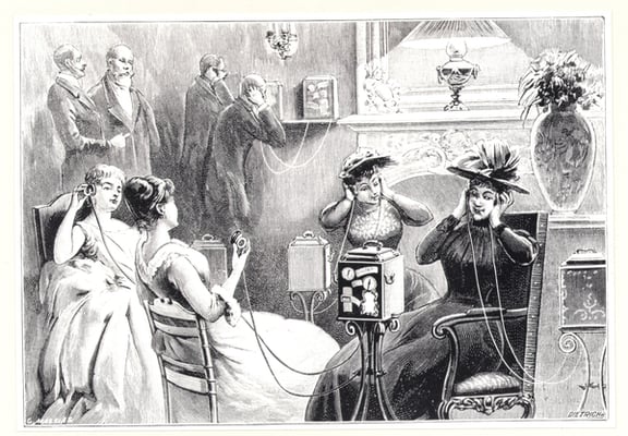 Guests in a Paris hotel listening to direct relays for opera or theatre performances on Marinovitch's and Szarvady's Theatrophone, from 'La Nature', published 1892 (engraving)
