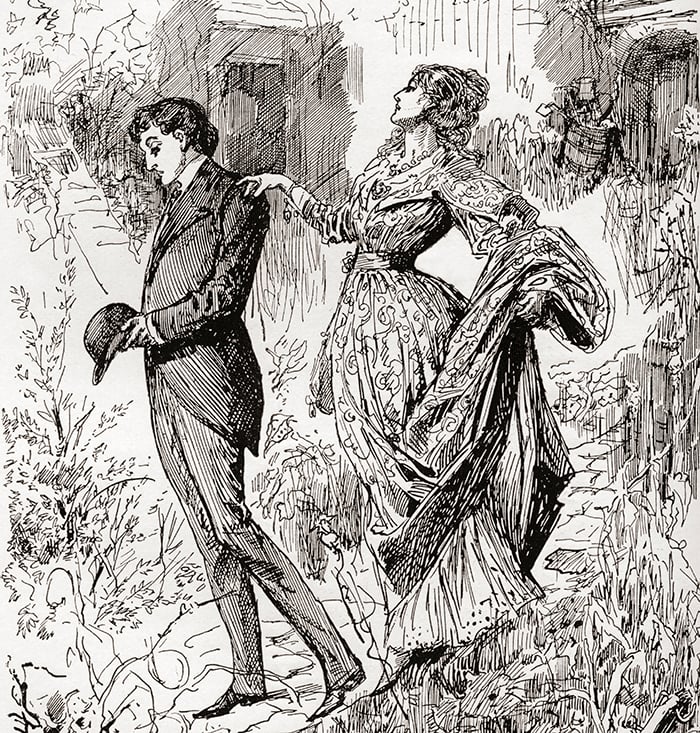 Estella and Pip in Miss Havisham's garden. "Let us make one more round of the garden," said Estella. "You shall be my page and give me your shoulder." Her handsome dress had trailed upon the ground. She held it in one hand, and with the other lightly touched my shoulder. Illustration by Harry Furniss for the Charles Dickens novel Great Expectations, from The Testimonial Edition published 1910. Ken Welsh