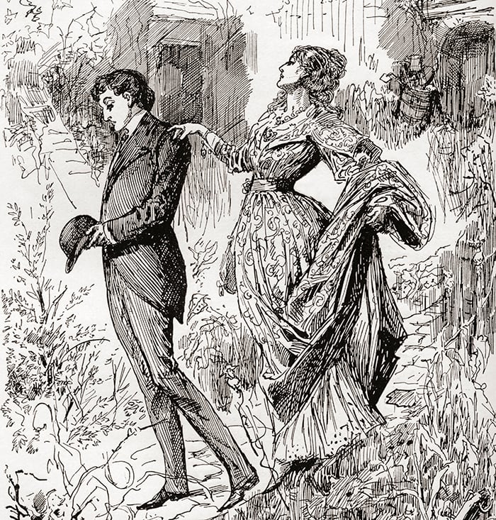 Estella and Pip in Miss Havisham's garden.