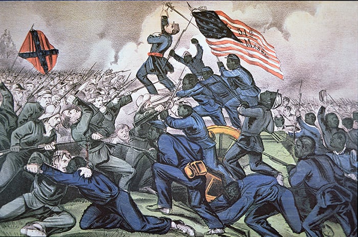 Fort Wagner Stormed by the 54th Massachusetts (Colored) Regiment, 18th July 1863 (colour litho), American School, (19th century) / Private Collection / Peter Newark American Pictures