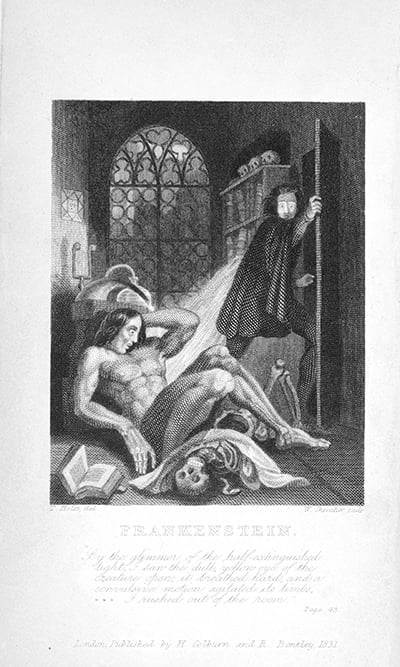 BL3266946 Frankenstein. 'By the glimmer of the half-extinguished light, I saw the dull yellow eye of the creature open: it breathed hard and a convulsive motion agitated its limbs. I rushed out of the room'.; British Library, London, UK; (add.info.: Frankenstein, or the Modern Prometheus. Author: Shelley, Mary Wollstonecraft / 1831 Language: English Source/Shelfmark: 1153.a.9.(1), frontispiece); Â© British Library Board. All Rights Reserved; PERMISSION REQUIRED FOR NON EDITORIAL USAGE; it is possible that some works by this artist may be protected by third party rights in some territories
