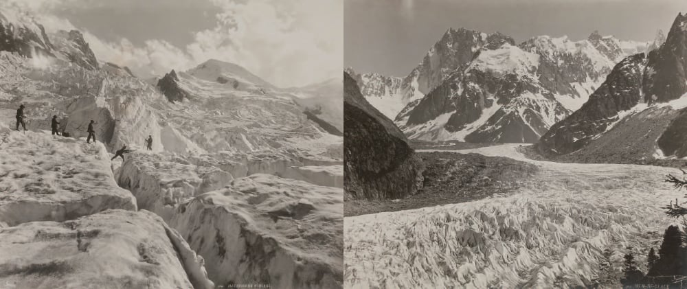 LEFT - Georges Tairraz I (1868-1924) Climbers ascending Mont Blanc via the Grands Mulets Glacier, Chamonix, France RIGHT - Georges Tairraz I (1868-1924) The Mer de Glace, Chamonix, France