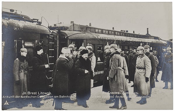 German Postcard Showing Soviet Official Lev Kamenev Arriving for the Brest-Litovsk Treaty Negotiations, 1918 (b/w photo), Russian Photographer (20th century) / Private Collection / Photo © Tobie Mathew Collection / Bridgeman Images