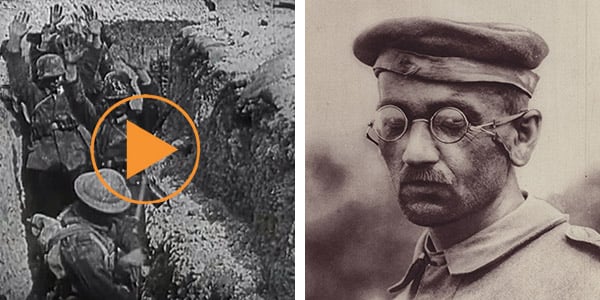 Left: WWI, allied troops fighting from trenches, German troops surrender in trench, Ludendorff and Hindenburg discuss movements over map. 1917 Right: Types of the German prisoners captured at Messines, taken at random, a sample in physique of the ordinary German linesman (b/w photo), English photographer, (20th century) (after) / Private Collection / © Look and Learn