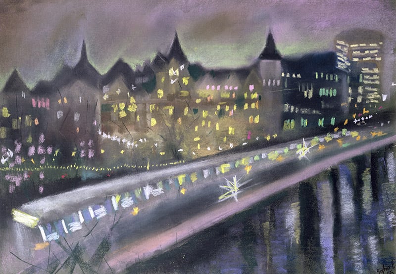  Hungerford Bridge, from the South Bank, 1995 (pastel on paper), Sophia Elliot / Private Collection / Bridgeman Images