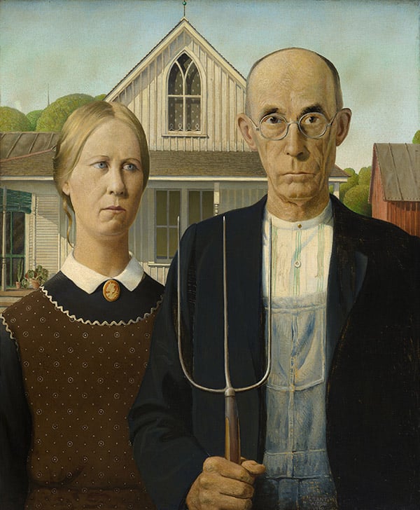 American Gothic, 1930 (oil on beaver board) , Wood, Grant (1891-1942) / The Art Institute of Chicago, IL, USA / Friends of American Art Collection