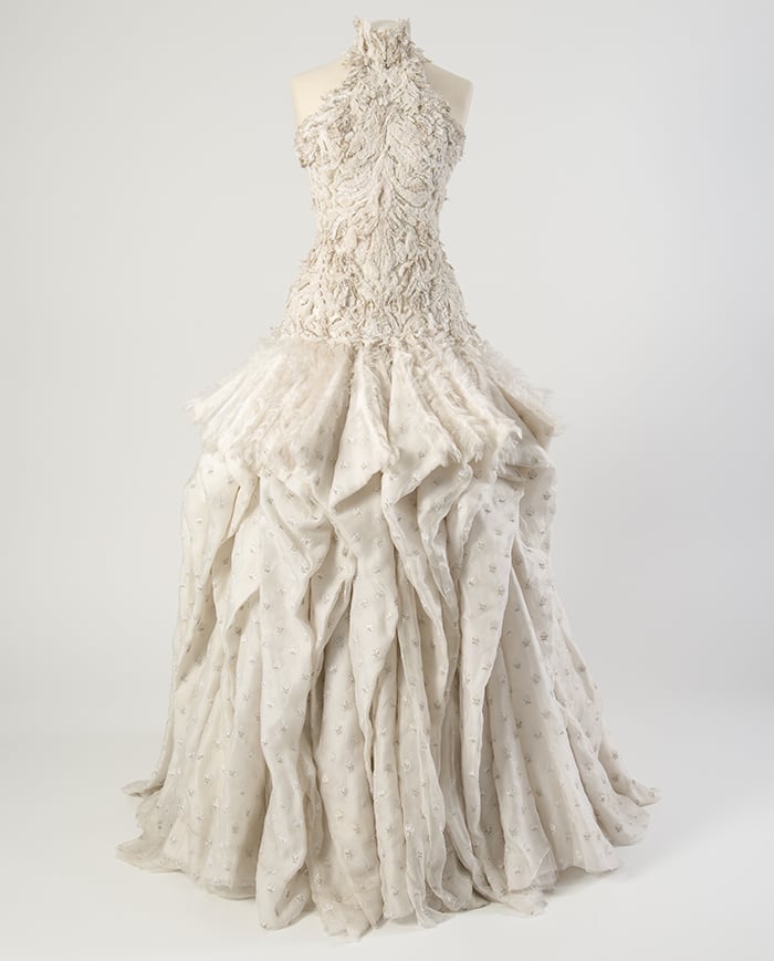 FMB2597354 Ivory silk organza evening dress with appliqu√© bodice and panelled skirt embroidered with miniature eagle motifs, by Sarah Burton for Alexander McQueen, Autumn/Winter 2011-12 (silk organza) by Alexander McQueen /Fashion Museum, Bath 